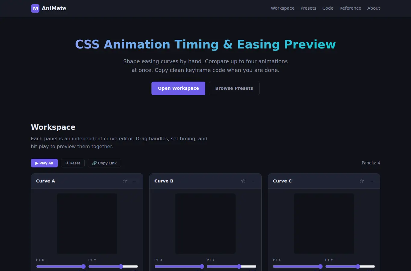 Screenshot of CSS Animation Timing and Easing Preview interface showing the project page in use